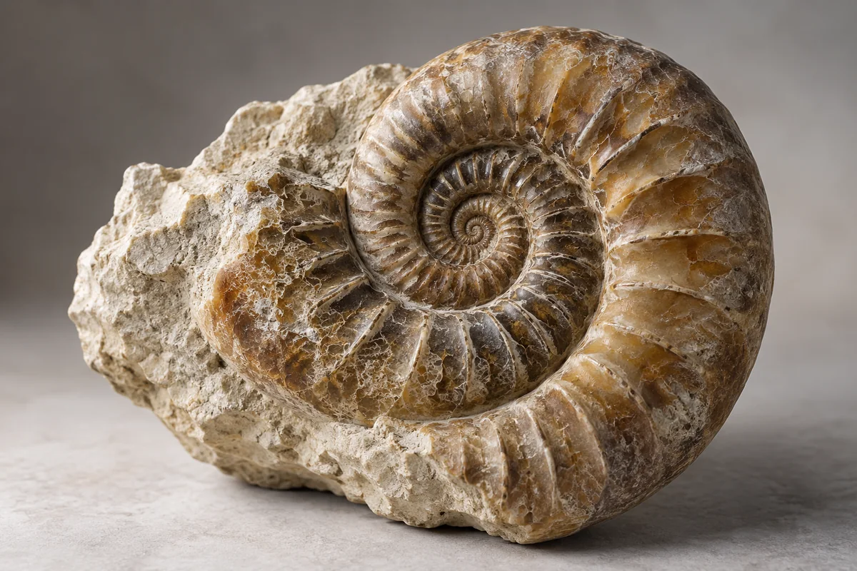 Ammonite fossil embedded in pale limestone