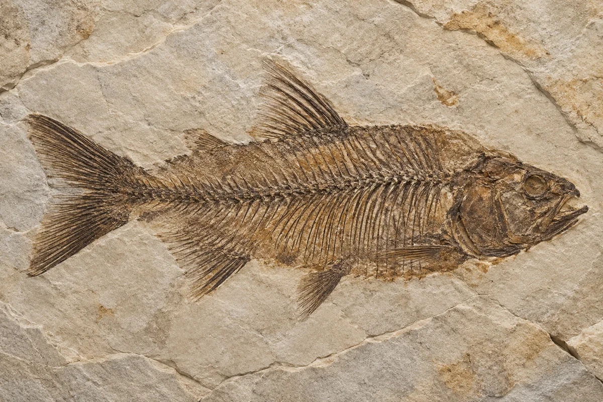 Fossil fish preserved in pale limestone