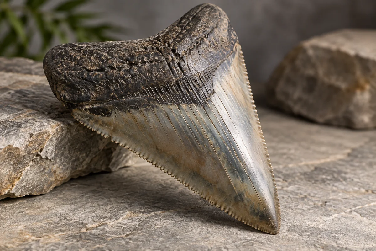 Large fossil megalodon tooth on stone