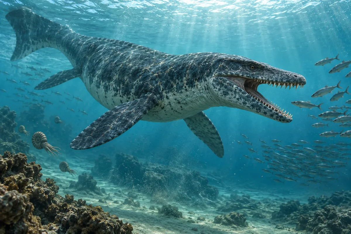 Realistic mosasaur reconstruction swimming in a prehistoric sea
